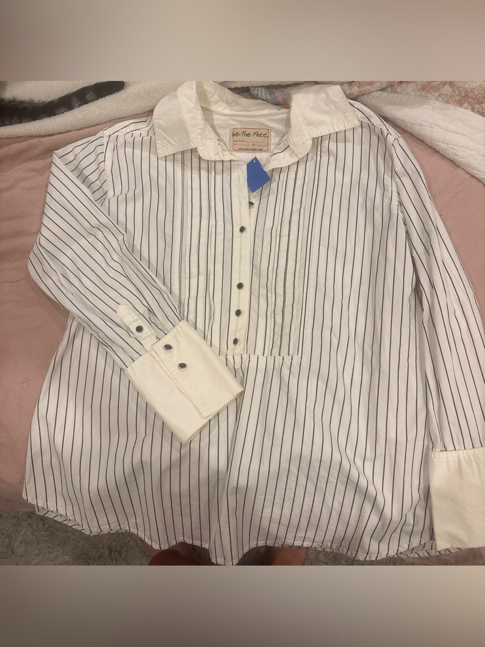Free People White Shirt with Navy Pinstripes